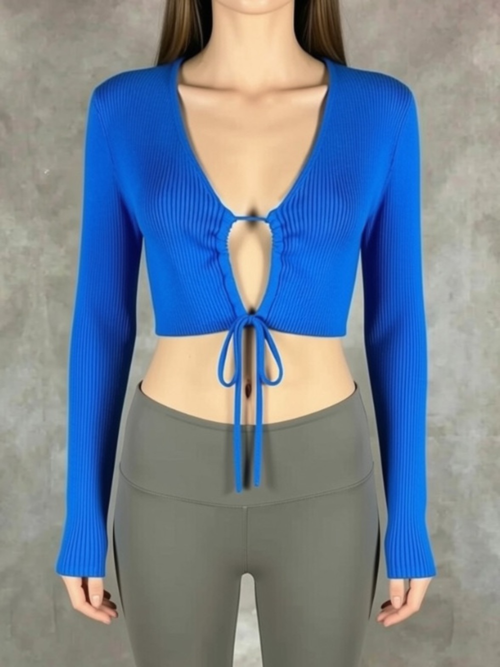 ZARA Blue Tie Front Rib Knit Crop Top Size Large
